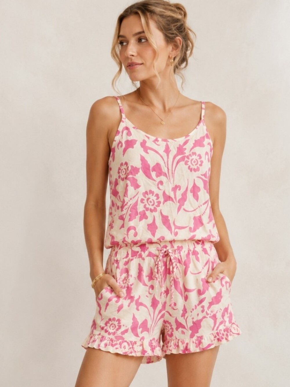 Napua Collection Honolulu Pink White Tropical Botanical Romper See Meas